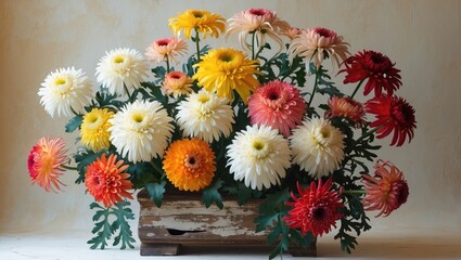 Colorful Chrysanthemum Floral Arrangement in Rustic Wooden Planter for Home Decor and Garden Enhancements