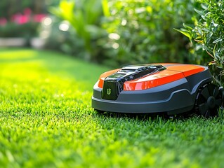 Robotic lawnmower mowing grass in garden