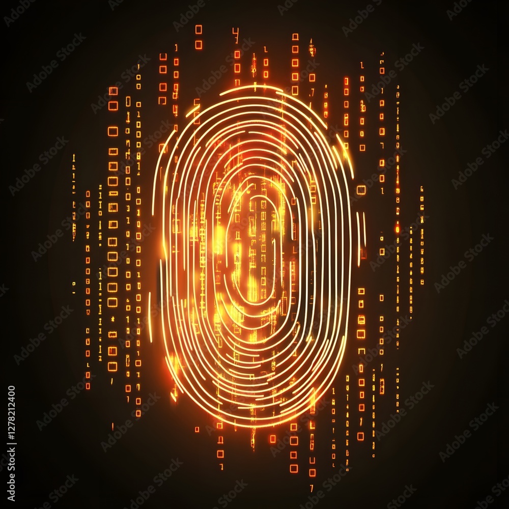 Poster Glowing Fingerprint Digital Security System Abstract Background with Binary Code Patterns and Futuristic Lighting Effects