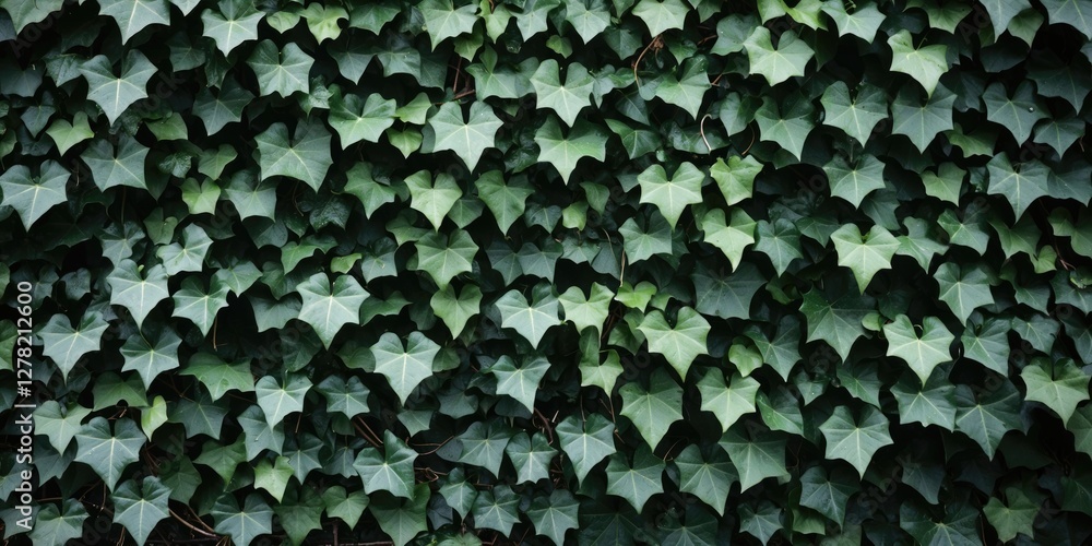 Poster lush green wall of common ivy creating a natural textured background with ample empty space for text