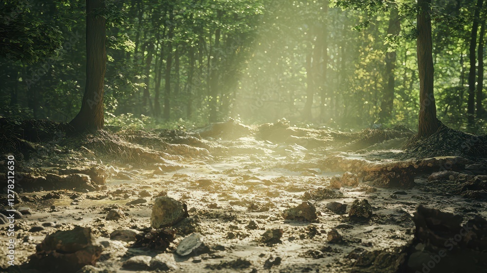Poster serene forest pathway with sunlight filtering through trees