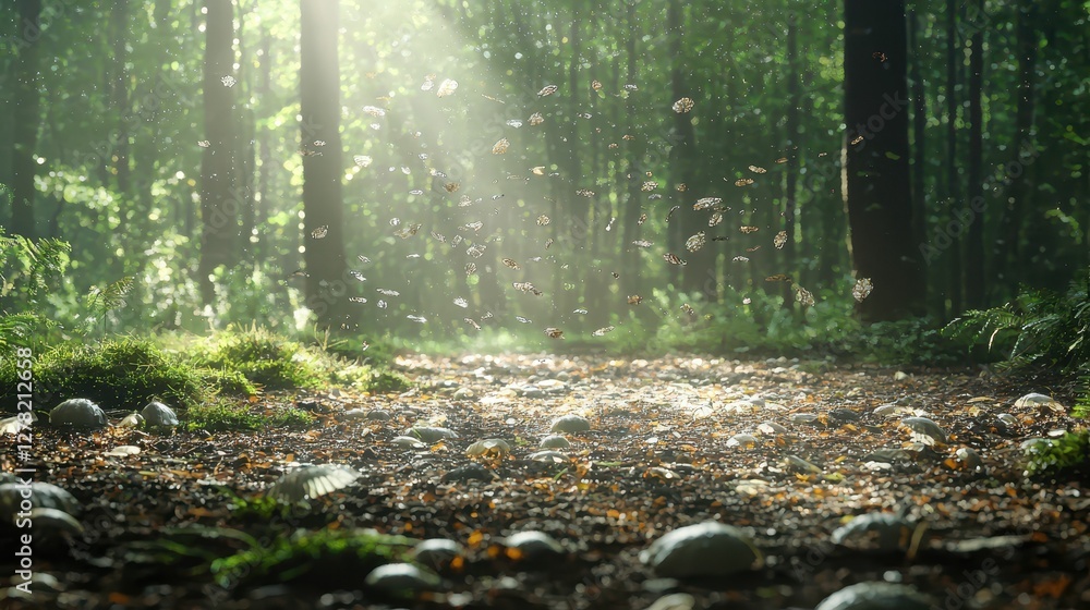 Poster serene forest path with gentle rays of light through trees