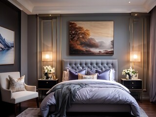 Elegant Bedroom Interior Design with Grey and Gold Accents