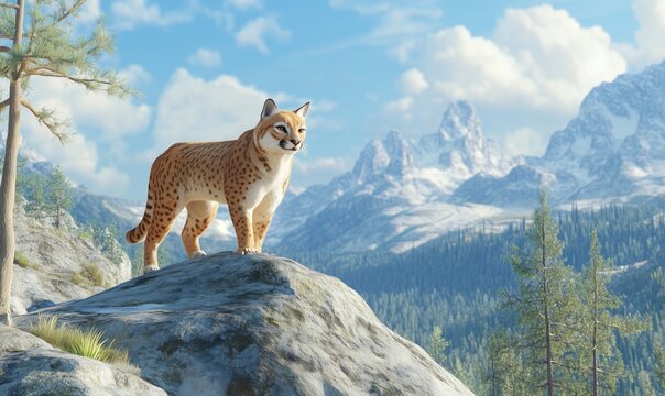 Wild serval cat standing majestically on rocky outcrop in scenic mountain landscape