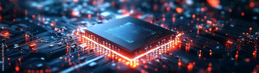 Poster Glowing Futuristic Microchip and Circuit Board Technology Background with Illuminated Digital Connections and Computer Processor Concept