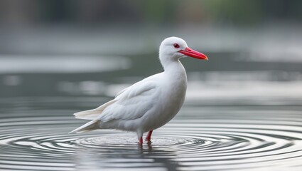 Fototapeta premium Elegant white bird with a striking red beak standing gracefully in calm water, surrounded by subtle ripples and a tranquil background.