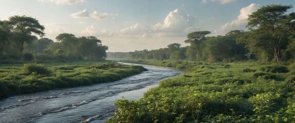 Fototapeta premium Serene wildlife landscape showcasing a riverbank surrounded by lush vegetation and open sky ideal for text overlay or nature themes.