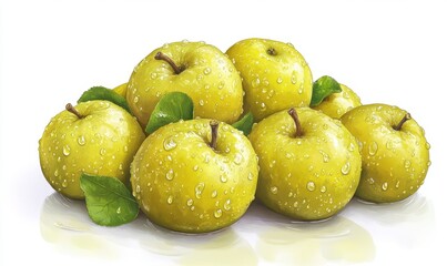 A vibrant display of freshly washed yellow apples glistening with water droplets