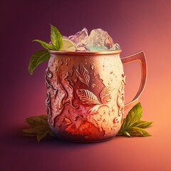 Freshly mixed Moscow Mule cocktail in ornate copper mug, refreshing delight
