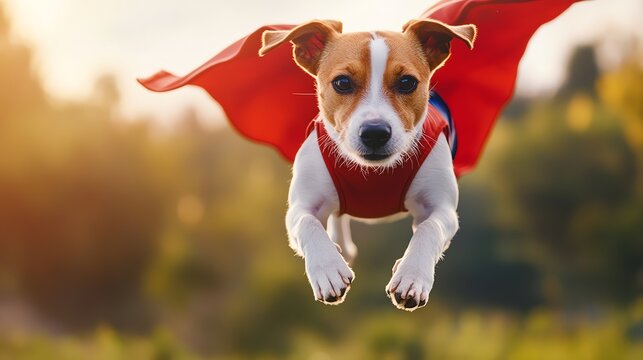 Energetic Puppy Wearing a Red Cape Like a Superhero. Flying Super Dog in Action on a Sunny Day
