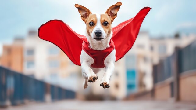 Energetic Puppy Wearing a Red Cape Like a Superhero. Flying Super Dog in Action on a Sunny Day
