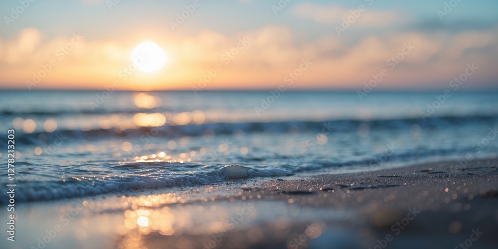 Poster serene abstract ocean shoreline at sunset with soft focus and bokeh effect offering ample space for 
