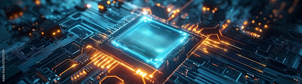 Poster Glowing Futuristic Microchip Landscape with Vivid Digital Circuit Patterns High Tech Intelligence and Quantum Computing Concept Abstract Technology Background