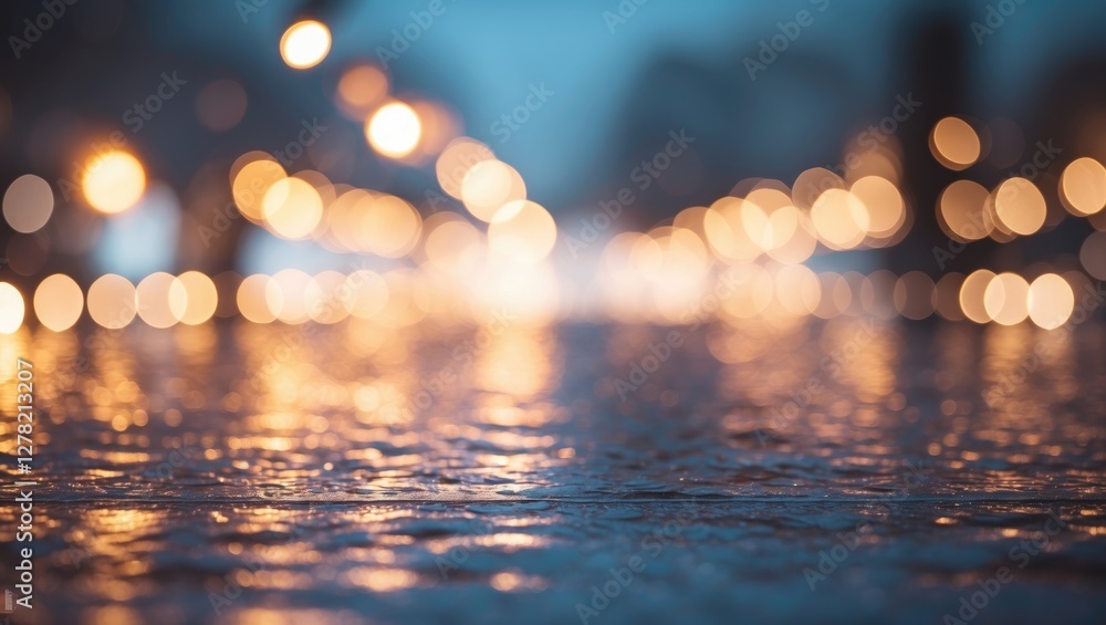 Poster softly blurred bokeh lights background with reflective surface and space for text in a cool color pa