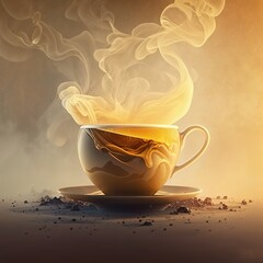Steaming yellow tea in elegant cup, warmth and comfort