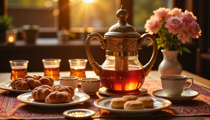 Fototapeta premium Antique Persian tea set on rustic wooden table with teapot, steaming tea glasses, and pastries on saucers