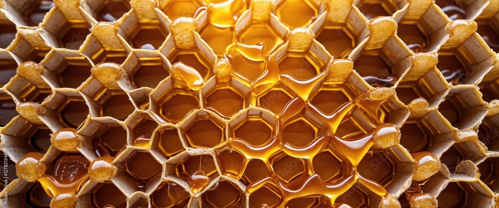Poster golden honey comb structure with dripping honey in hexagonal cells for text placement and summer the