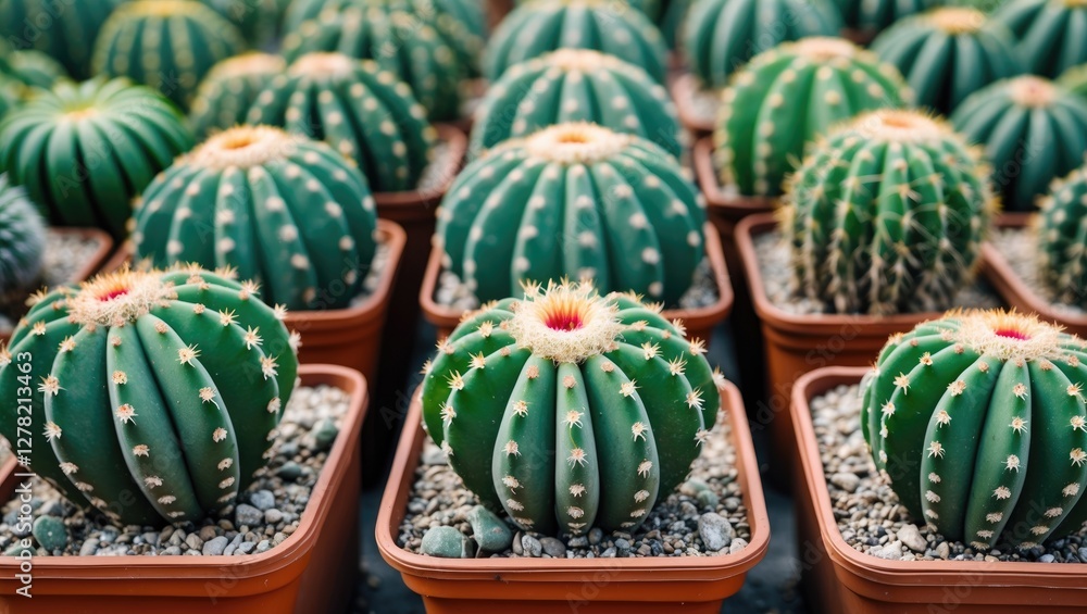 Aufkleber rows of vibrant green cacti in flowerpots with textured soil creating a tranquil indoor garden atmos