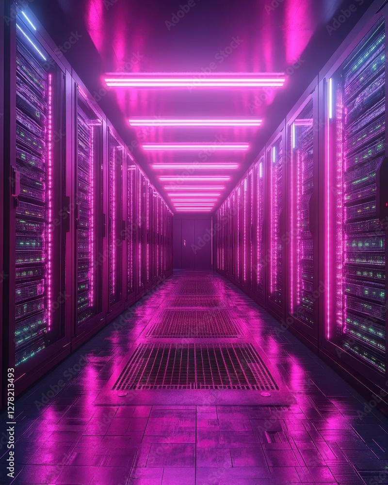 Poster futuristic server room illuminated by neon pink lights creating a high tech data center environment 