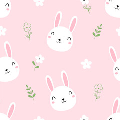 Seamless pattern with cute rabbit and flower on pink background for your fabric, children textile, nursery decoration, gift wrap paper, kids bedding.
