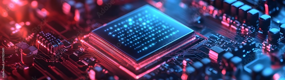 Poster Glowing Microchip on Circuit Board with Futuristic Technology Backdrop  Closeup of a high tech electronic circuit with a central processor chip and various other digital components