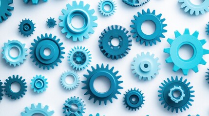A vibrant arrangement of blue gears scattered across a white background, symbolizing innovation and industry