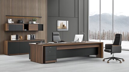 Modern Executive Office With Wooden Desk And Mountain View