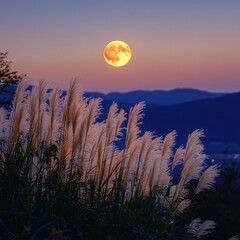 Serene landscape featuring tall grass illuminated by a bright full moon rising over distant mountain ranges at dusk