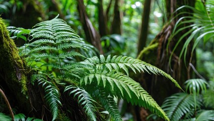 Lush Ferns in Tropical Rainforest Understory Showcasing Adiantum Trapeziforme in Its Natural Habitat with Vibrant Green Foliage