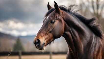 Obraz premium Majestic Horse Portrait Against Dramatic Sky with Space for Your Text or Branding