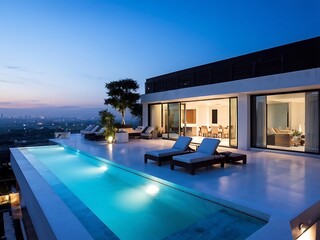 Fototapeta premium Modern Rooftop Terrace with Infinity Pool and City Views