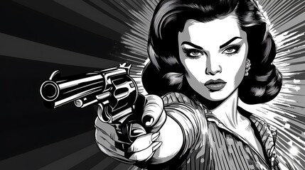 Black and white illustration of a woman aiming a revolver.