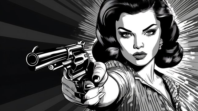 Black and white illustration of a woman aiming a revolver.