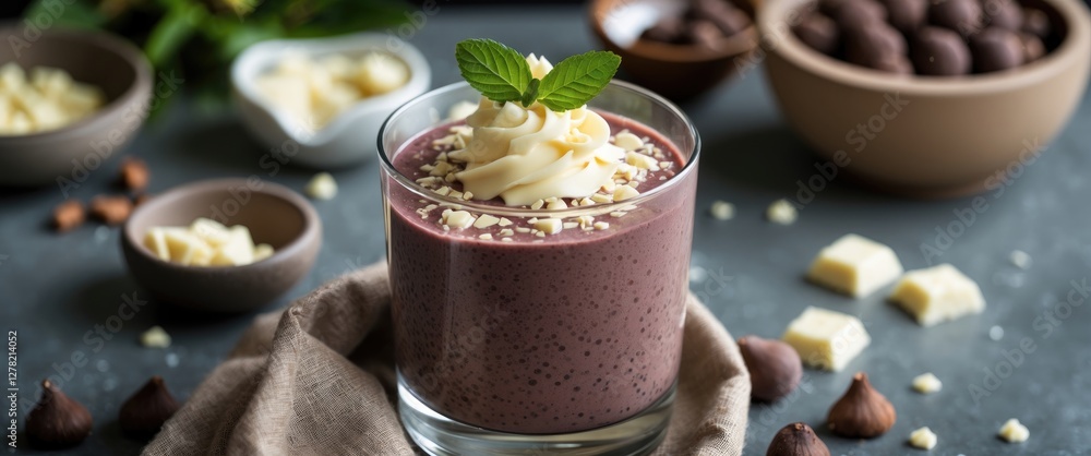 Poster acai smoothie glass topped with white chocolate and mint on a rustic table with ingredients and empt