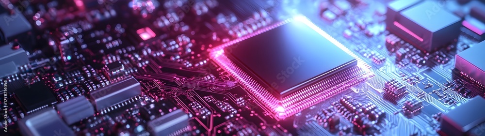 Aufkleber Glowing Microchip on Electronic Circuit Board Technology Background with Vibrant Neon Lights Representing Innovation Connectivity and Futuristic Digital Systems
