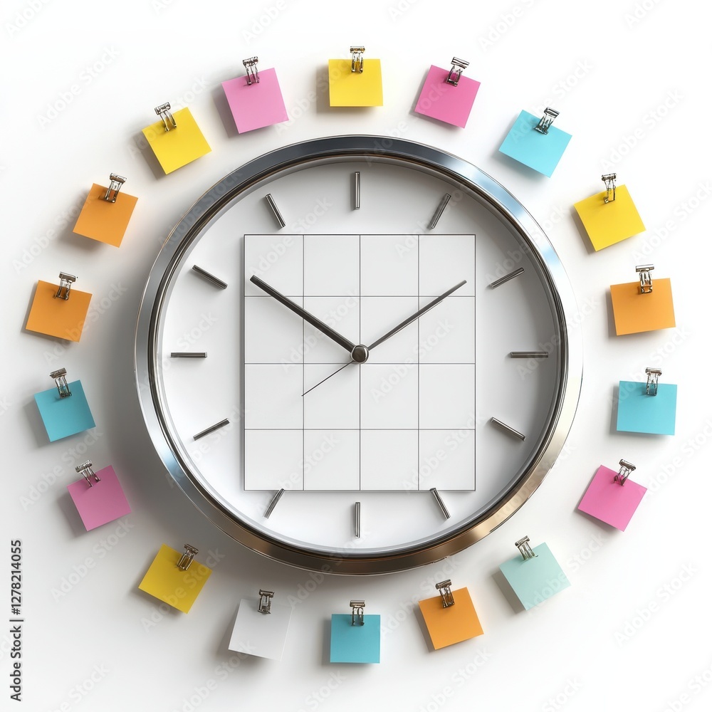 Poster a modern clock surrounded by colorful sticky notes, emphasizing time management and organization in 