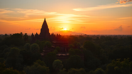 Fototapeta premium Sunset Over an Ancient Temple Surrounded by Jungle