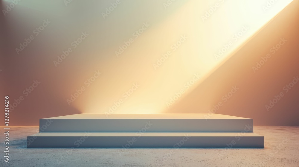 Poster minimalist display platform with soft light and warm background