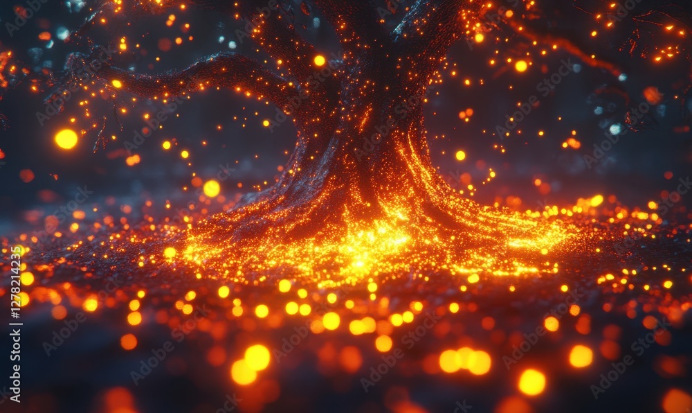 Poster a mystical tree emanating glowing orbs in a dark forest, creating an enchanting atmosphere