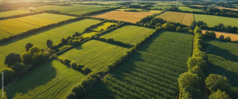 Poster aerial view of lush green farmland landscape in countryside during summer with empty space for text 