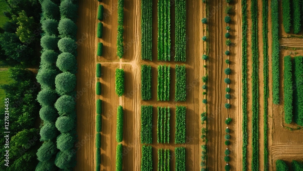 Poster aerial view of neatly cultivated agricultural fields with distinct pathways and trees lining the cro