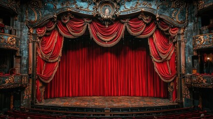 Ornate red velvet stage curtains and wooden stage in a grand theater.