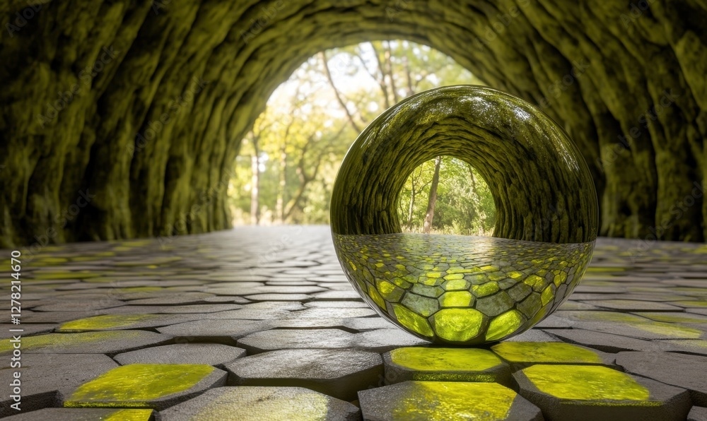 Poster a reflective sphere resting on a hexagonal patterned floor inside a lush, green tunnel