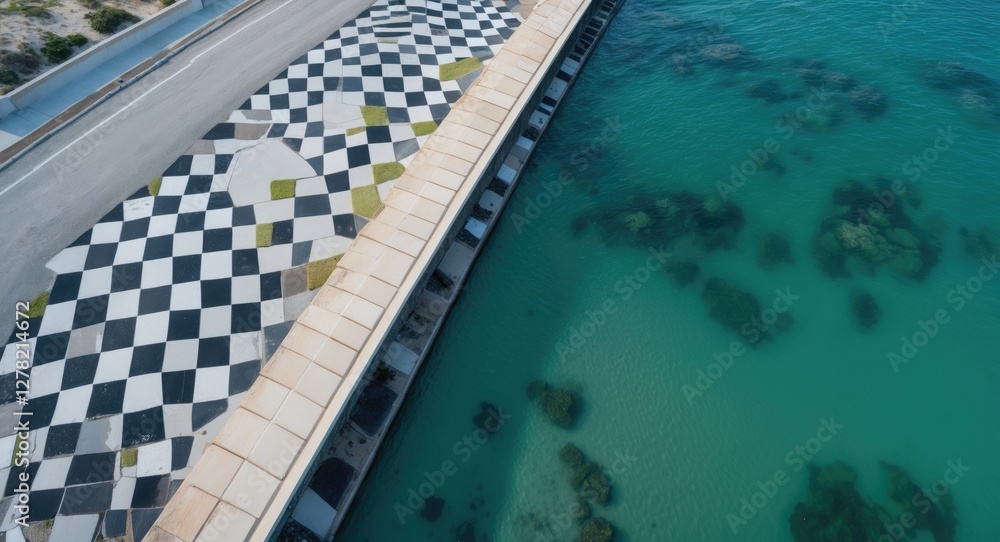 Aufkleber aerial view of a coastal seawall with checkered design extending into turquoise waters drone perspec