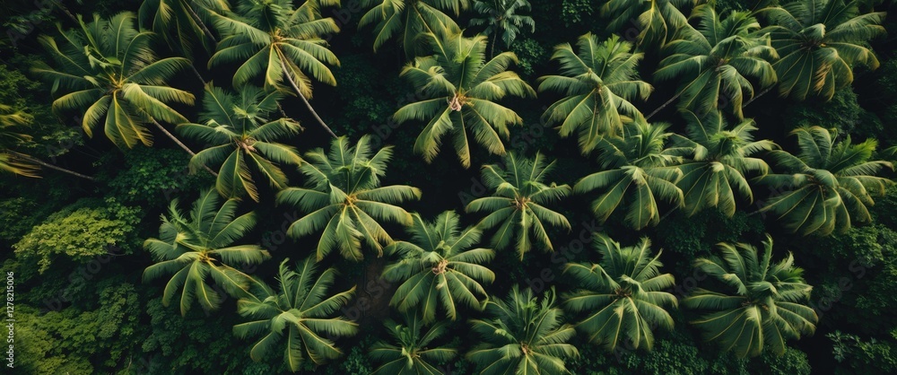 Poster aerial view of lush green palm trees and dense rainforest canopy capturing nature's vibrant textures