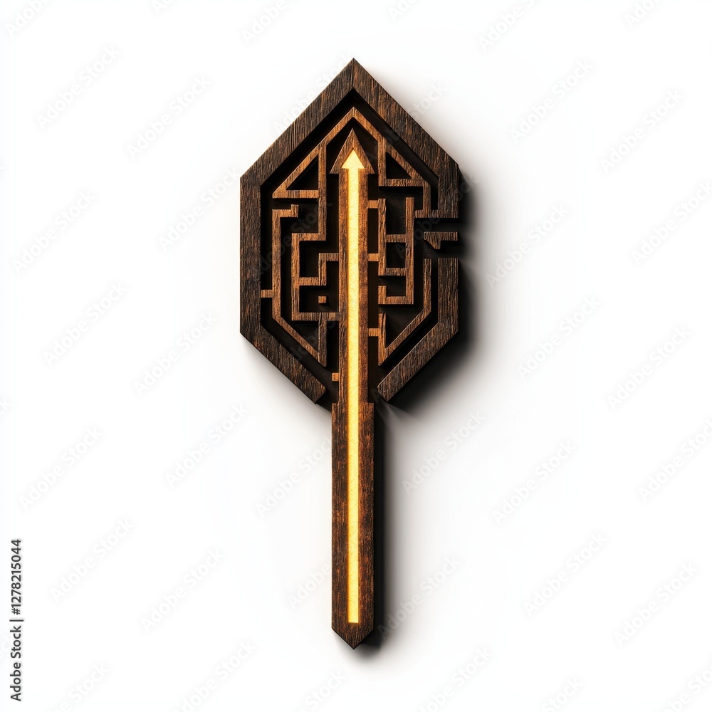 Poster a stylized wooden key with an intricate maze design, featuring a central arrow that symbolizes direc