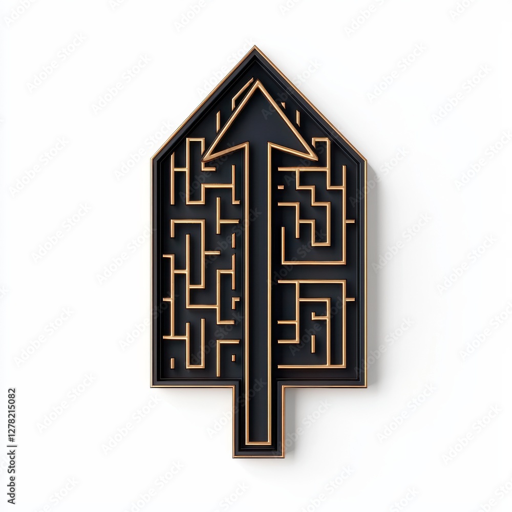 Poster a stylized arrow design featuring an intricate maze pattern, symbolizing direction and challenge.