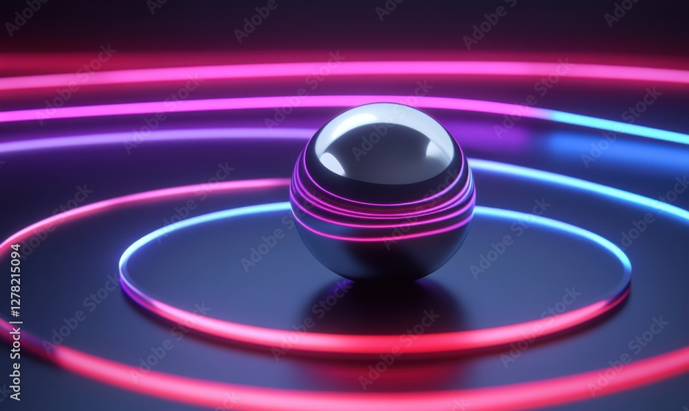 Poster a reflective sphere surrounded by vibrant neon light trails in a dark environment, creating a dynami