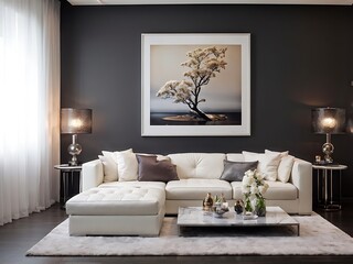 Contemporary Living Room with White Sofa and a Large Framed Photograph