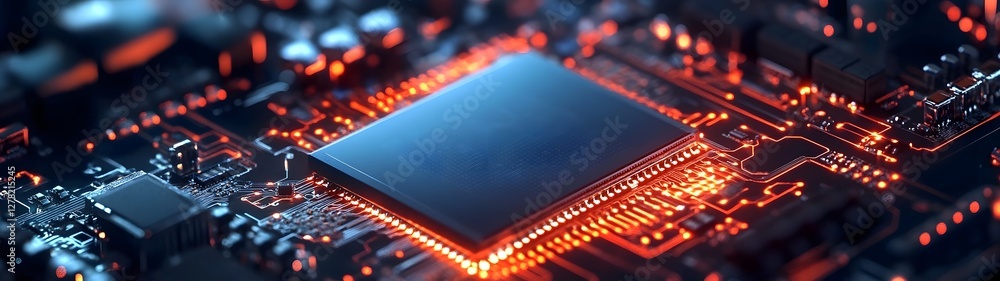 Poster Illuminated circuit board with glowing microchips processors and intricate electronic connections symbolizing technological advancement engineering innovation and digital data transmission